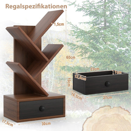 5-Tier Tree Bookshelf with Drawer – Brown, Space-Saving