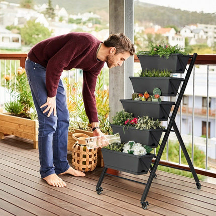 Jardinière surélevée verticale à 5 niveaux avec roulettes, trous de drainage et bacs de rangement, noire