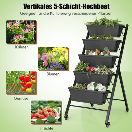 Jardinière surélevée verticale à 5 niveaux avec roulettes, trous de drainage et bacs de rangement, noire