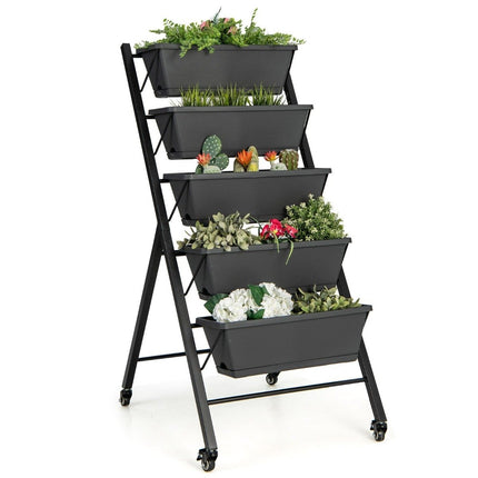 Jardinière surélevée verticale à 5 niveaux avec roulettes, trous de drainage et bacs de rangement, noire