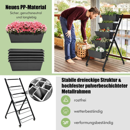 Jardinière surélevée verticale à 5 niveaux avec roulettes, trous de drainage et bacs de rangement, noire