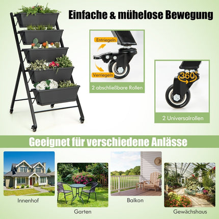 Jardinière surélevée verticale à 5 niveaux avec roulettes, trous de drainage et bacs de rangement, noire