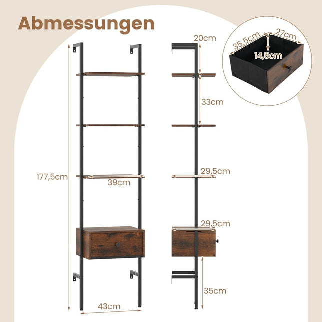 5-stufiges, wandmontiertes Leiterregal mit Schublade