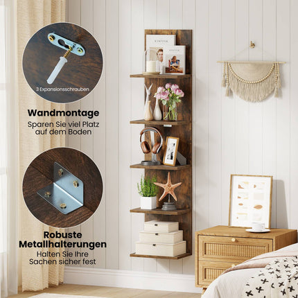 5-Tier Wall-Mounted Wooden Shelf, Rustic Brown