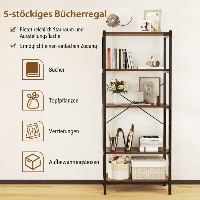 5-Tier Wooden Bookshelf with Metal Frame, 66x34x161 cm