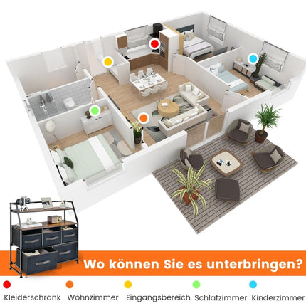 5 Schubladen Sideboard mit Stoffschubladen Stoffkommode mit Ablage &amp; Kippschutz 84 x 30 x 85 cm