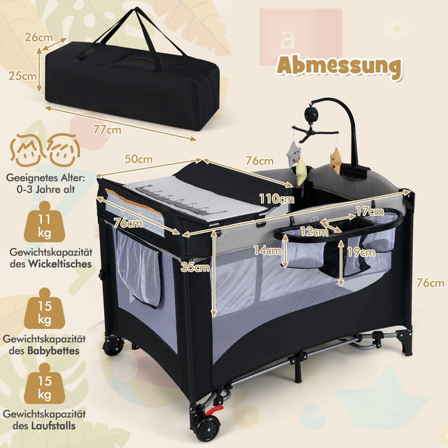 5-in-1 Babybett mit Matratze, Wickeltisch, Spieluhr