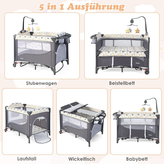 5-in-1 Babybett mit Matratze, Wickeltisch, Spielbogen