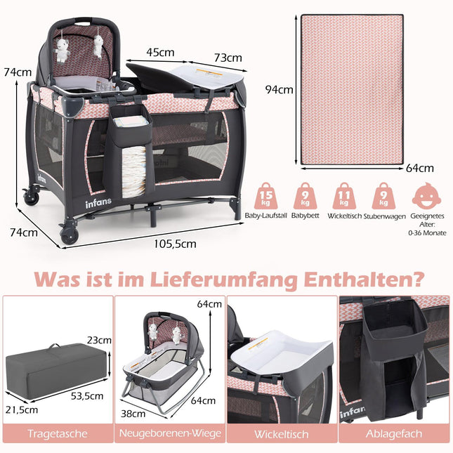 5-in-1 Baby-Reisebett mit Wickeltisch & Stubenwagen
