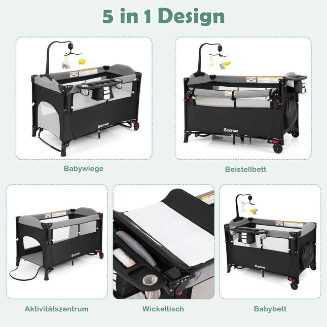 5-in-1 umbaubares Babybett mit Wickeltisch &amp; Aufbewahrungstasche Schwarz