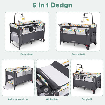 5-in-1 umbaubares Babybett mit Wickeltisch und Aufbewahrungstasche Grau