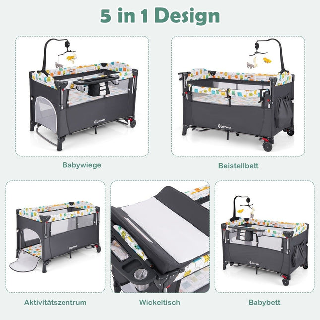 5-in-1 umbaubares Babybett mit Wickeltisch und Aufbewahrungstasche Grau