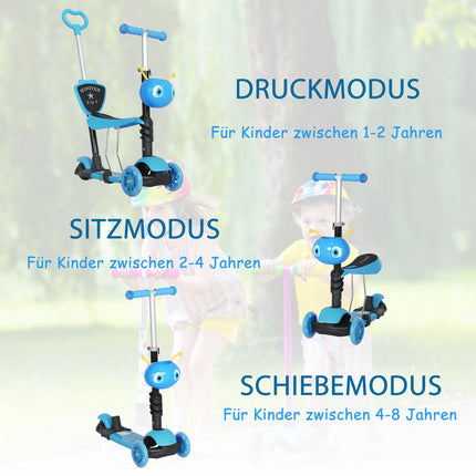 5-in-1 Kids Scooter with Removable Seat and Push Handle, Blue, Height Adjustable