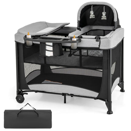 5-in-1 draagbaar babybed met reiswieg, reiswieg, box en verschoontafel, zwart + grijs