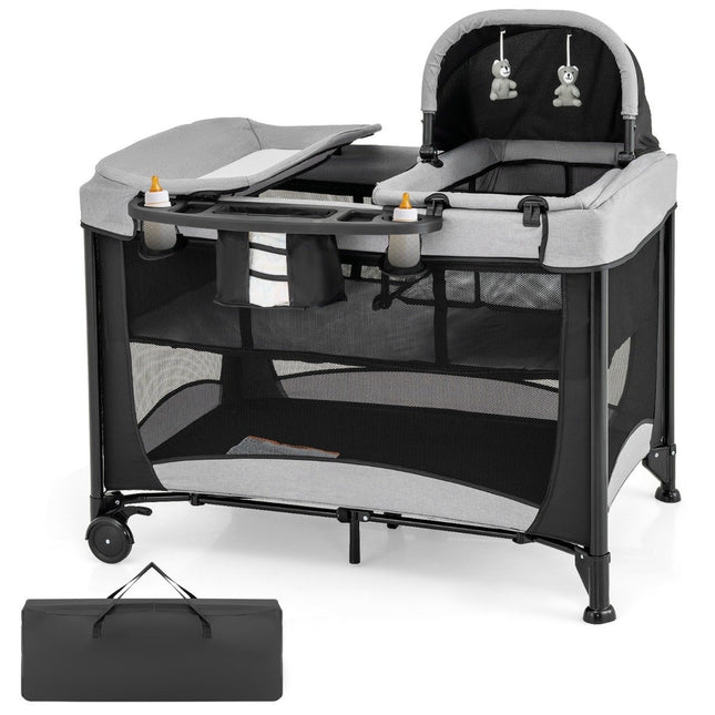 5 in 1 Tragbares Babybett mit Reisebett &amp; Wiege &amp; Laufstall &amp; Wickeltisch Schwarz + Grau