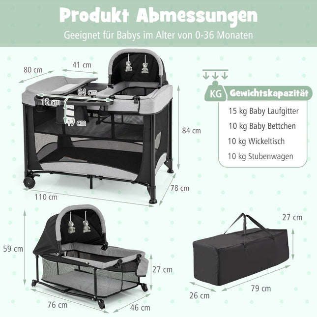 5 in 1 Tragbares Babybett mit Reisebett &amp; Wiege &amp; Laufstall &amp; Wickeltisch Schwarz + Grau