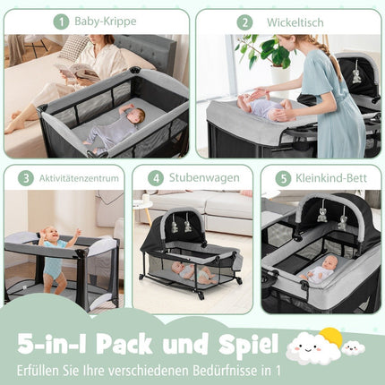 5-in-1 draagbaar babybed met reiswieg, reiswieg, box en verschoontafel, zwart + grijs