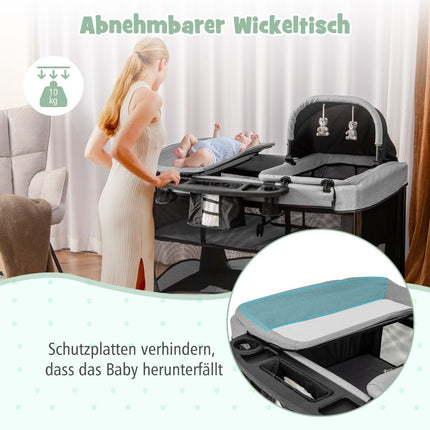 5-in-1 draagbaar babybed met reiswieg, reiswieg, box en verschoontafel, zwart + grijs