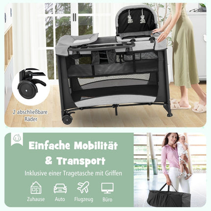 5-in-1 draagbaar babybed met reiswieg, reiswieg, box en verschoontafel, zwart + grijs