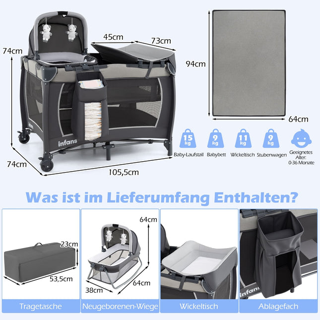 5-in-1 tragbares Babybett mit Wickeltisch & Stubenwagen
