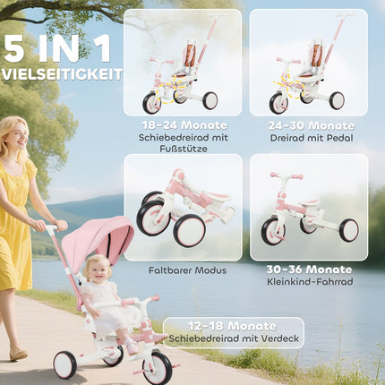 5-in-1 Kleinkinder-Dreirad, verstellbar, Pink, 1-3 Jahre
