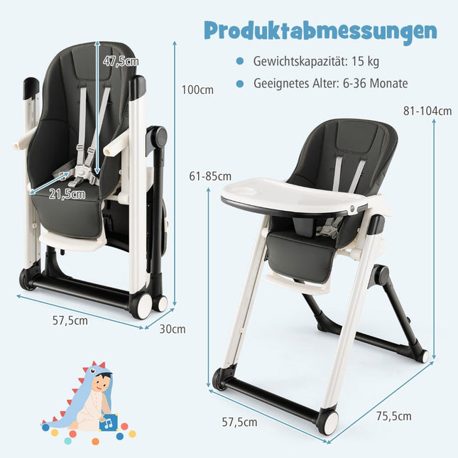 5 in 1 Klapphochstuhl mit verstellbarer Rückenlehne &amp; Fußstütze &amp; 5-Punkt-Gurt grau