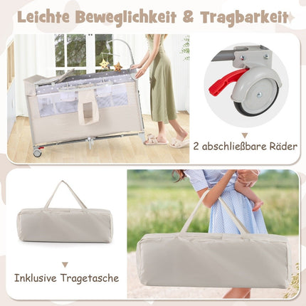 5 in 1 folding side bed travel cot with mattress 2 level baby bed with wheels beige