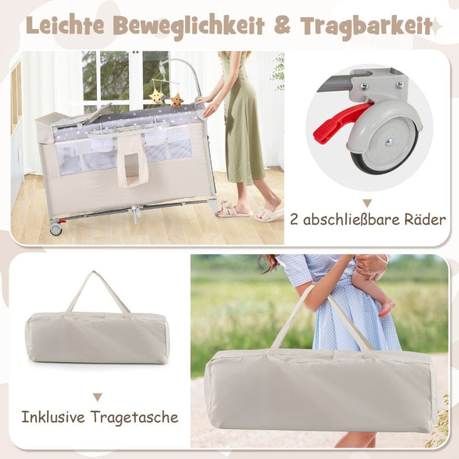 5 in 1 Klappbares Beistellbett Reisebett mit Matratze 2-stufiges Babybett mit Rollen Beige