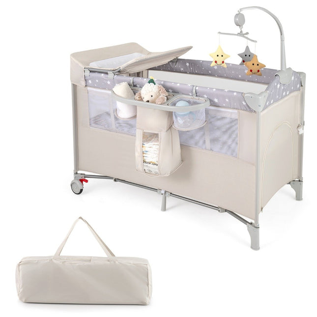 5 in 1 Klappbares Beistellbett Reisebett mit Matratze 2-stufiges Babybett mit Rollen Beige