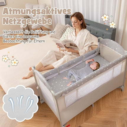 5 in 1 folding side bed travel cot with mattress 2 level baby bed with wheels beige