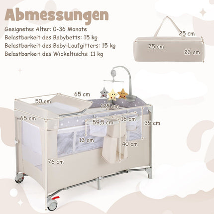 5 in 1 folding side bed travel cot with mattress 2 level baby bed with wheels beige