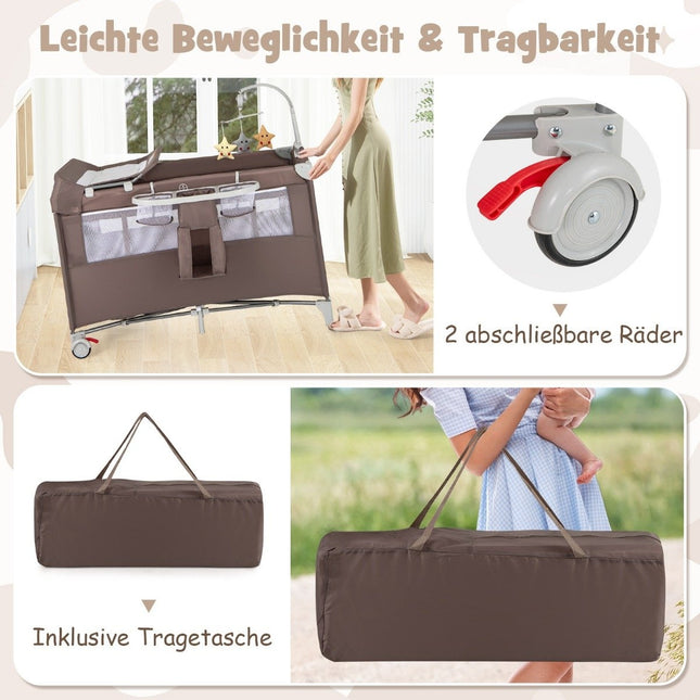 5 in 1 Klappbares Beistellbett Reisebett mit Matratze 2-stufiges Babybett mit Rollen Braun