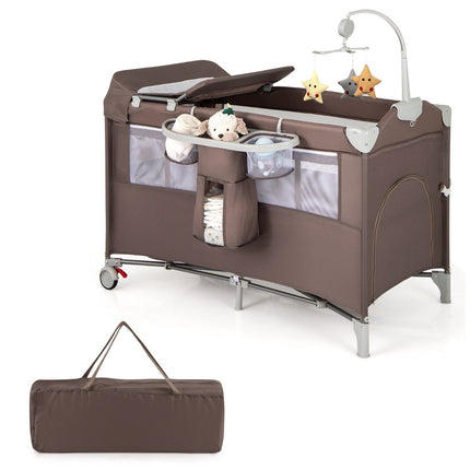 5 in 1 folding side bed travel cot with mattress 2 level baby bed with wheels brown