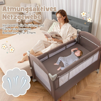 5 in 1 folding side bed travel cot with mattress 2 level baby bed with wheels brown