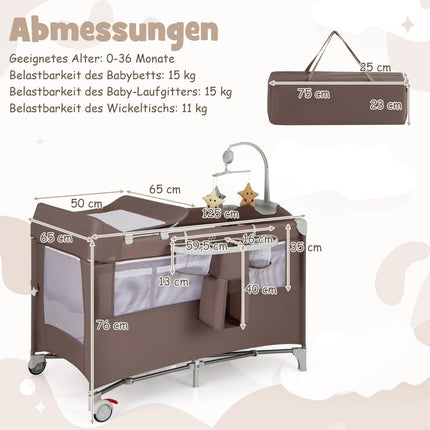 5 in 1 folding side bed travel cot with mattress 2 level baby bed with wheels brown