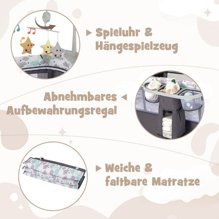 5 in 1 Klappbares Beistellbett Reisebett mit Matratze 2-stufiges Babybett mit Rollen Grau