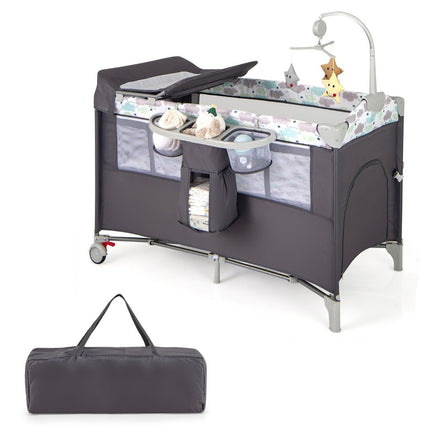 5 in 1 Klappbares Beistellbett Reisebett mit Matratze 2-stufiges Babybett mit Rollen Grau