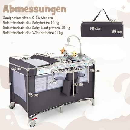 5 in 1 Klappbares Beistellbett Reisebett mit Matratze 2-stufiges Babybett mit Rollen Grau