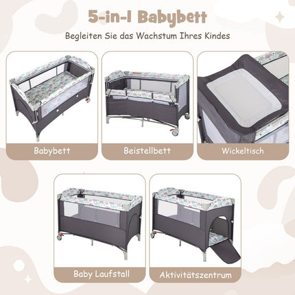 5 in 1 Klappbares Beistellbett Reisebett mit Matratze 2-stufiges Babybett mit Rollen Grau