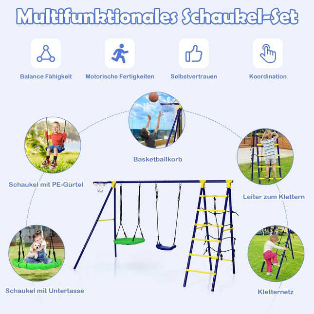 5-in-1 Kinder-Schaukelset mit Basketballkorb, Kletternetz und Leiter, Blau