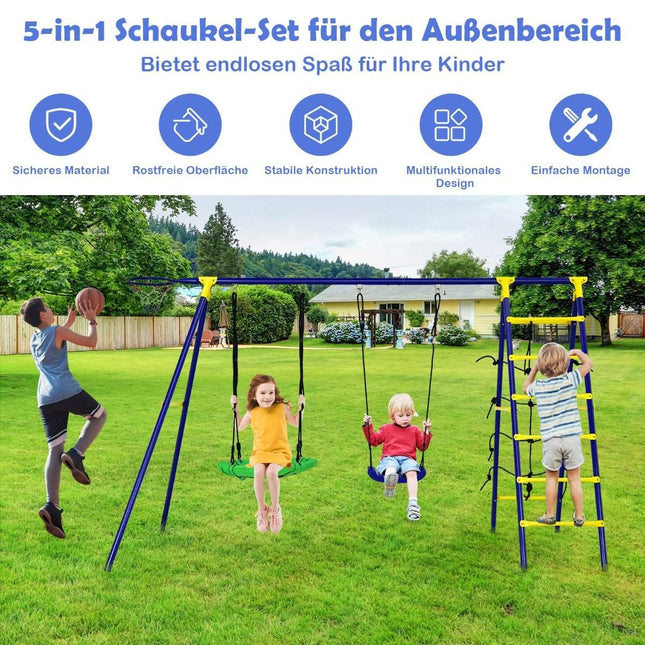 5-in-1 Kinder-Schaukelset mit Basketballkorb, Kletternetz und Leiter, Blau