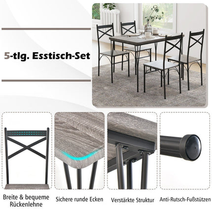 5-piece dining set for 4 people modern rectangular dining table and 4 dining chairs gray and black