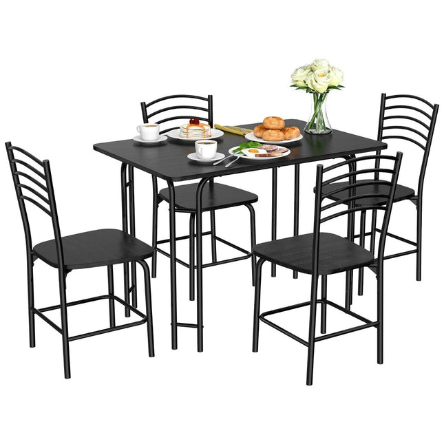 5-teiliges Esstisch-Set Rechteckiger Küchentisch mit 4 Stühlen Essgruppe Metallgestell Sitzgruppe Esszimmertisch 4 Personen Platzsparend Schwarz