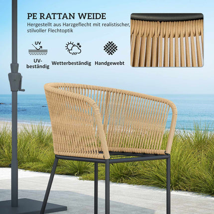 Patio set in poly rattan for 4 with table and cushions