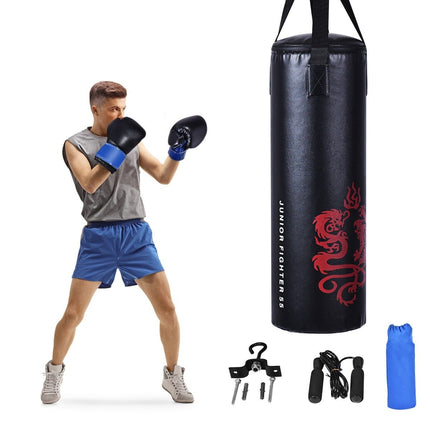 5-teiliges Boxsack-Set für Kinder mit Boxhandschuhen, Springseil, Tragetasche, Deckenhaken, hängender Boxausrüstung, Schwarz