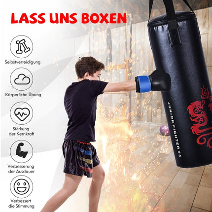 5-teiliges Boxsack-Set für Kinder mit Boxhandschuhen, Springseil, Tragetasche, Deckenhaken, hängender Boxausrüstung, Schwarz