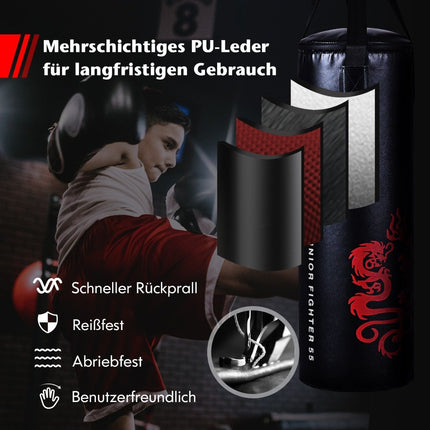 5-teiliges Boxsack-Set für Kinder mit Boxhandschuhen, Springseil, Tragetasche, Deckenhaken, hängender Boxausrüstung, Schwarz
