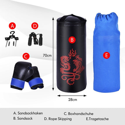 5-teiliges Boxsack-Set für Kinder mit Boxhandschuhen, Springseil, Tragetasche, Deckenhaken, hängender Boxausrüstung, Schwarz