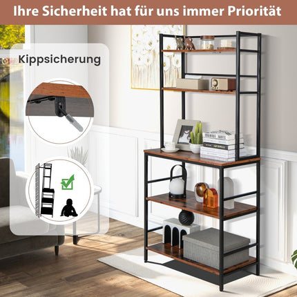 5-stöckiges Küchenregal mit Aufsatz &amp; offenen Ablagen, Kippschutz, freistehendes Küchenregal, rustikales Braun