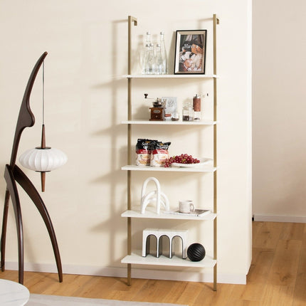 Étagère murale échelle à 5 niveaux avec cadre en acier 60 x 30 x 180 cm blanc et or
